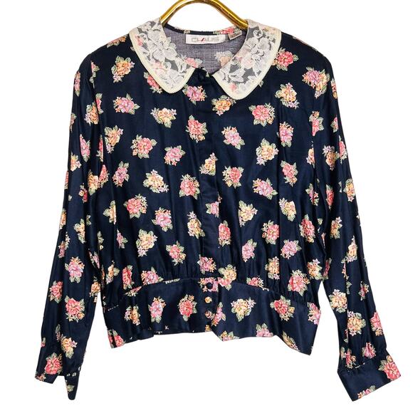 Vintage Chaus Size Medium Cottage Floral BLouse Top Lace Peter Pan Collar - Picture 1 of 7